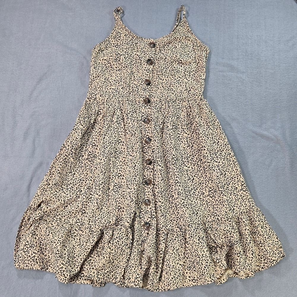 Soprano Sundress Womens Small Tan Leopard Print Button Down Smocked Back Ruffle